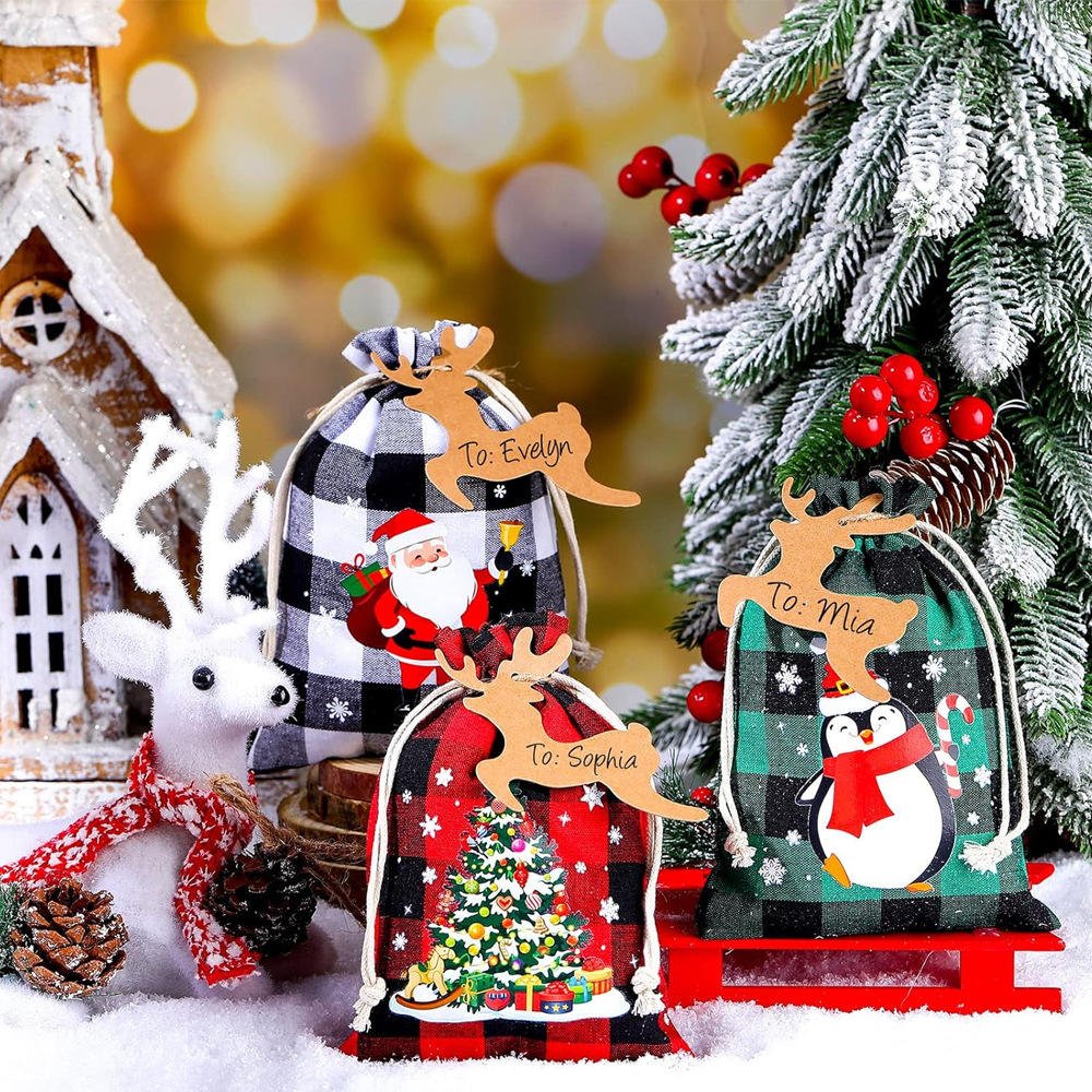 2025 New Christmas Linen Drawstring Bag Set Small Cloth Gift Bag for Candy Wholesale Holiday Supplies