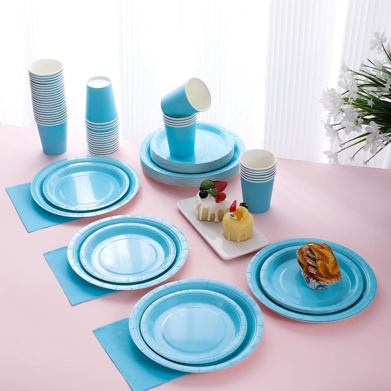 168 PCS Solid Color Theme Party Supplies Blue Paper Plates Paper Cups Paper Napkins Disposable Tableware Set