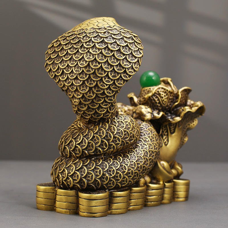 Baicai Snake Spirit Brass Gold-Plated Cast Traditional Feng Shui Carved Art Sculpture Figurine Ornament Antique Home Decor