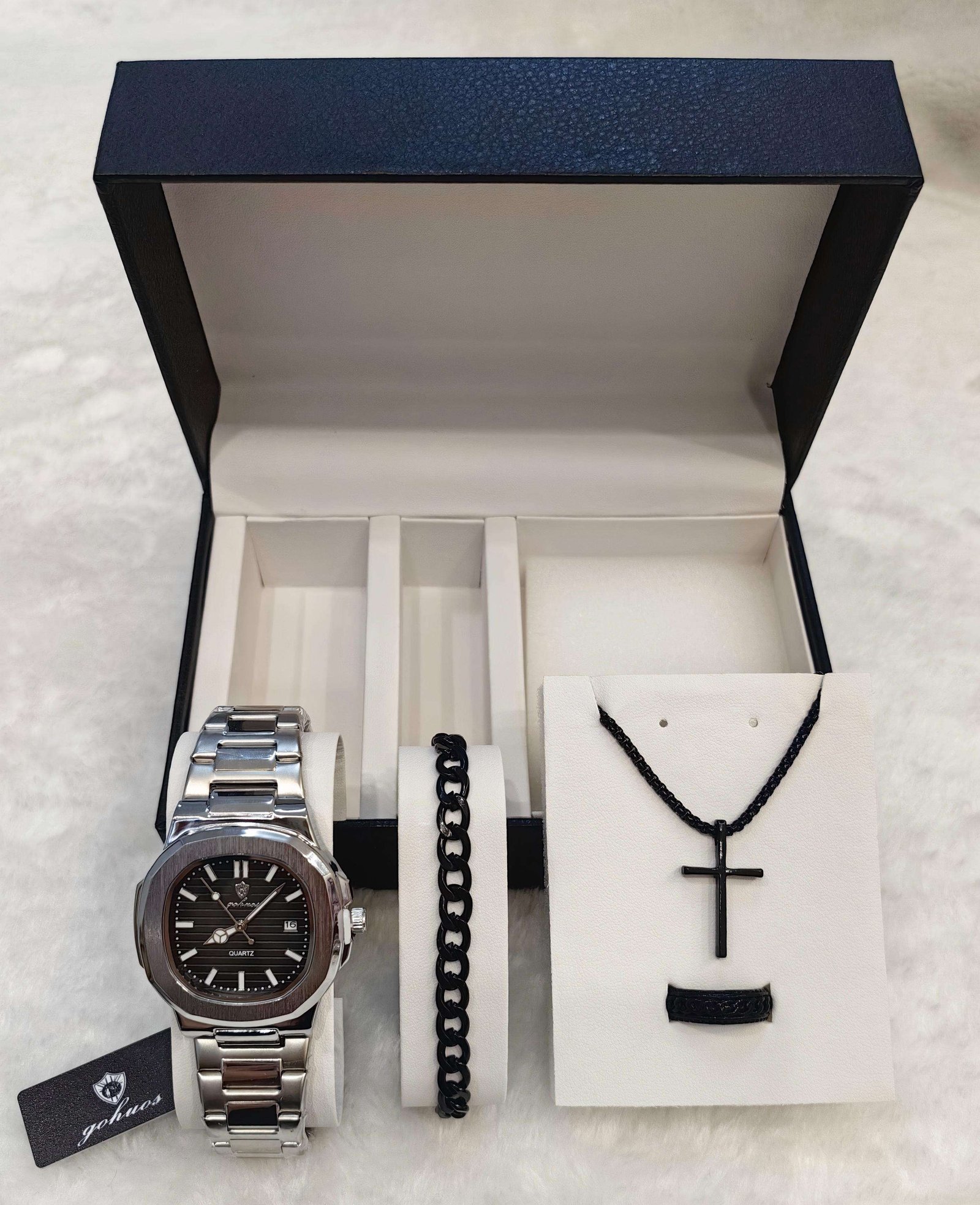 Gohuos 8803 Gift Set with Exquisite Box 4PCS Men Quartz Watch & Ring & Bracelet & Necklace Business Luxury Holiday Gifts for Men
