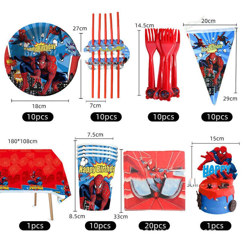 American Spiderman Theme Teen Party Supplies Set Balloon Paper Backdrop Decor Kit Durable Waterproof for Birthday Celebration