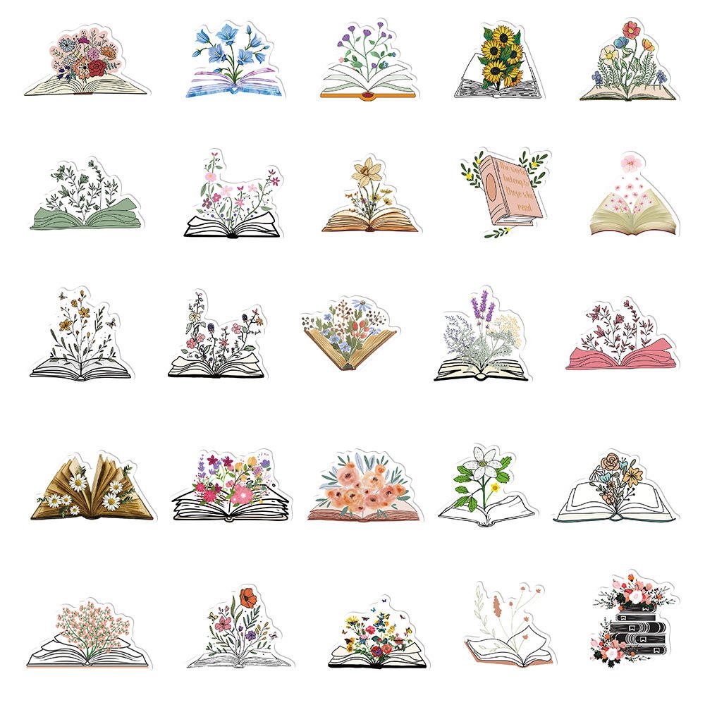 Cartoon Book Flowers Decorative PVC Stickers 50pcs Waterproof Floral Wall Student Notebook Decals for Promotional Gifts