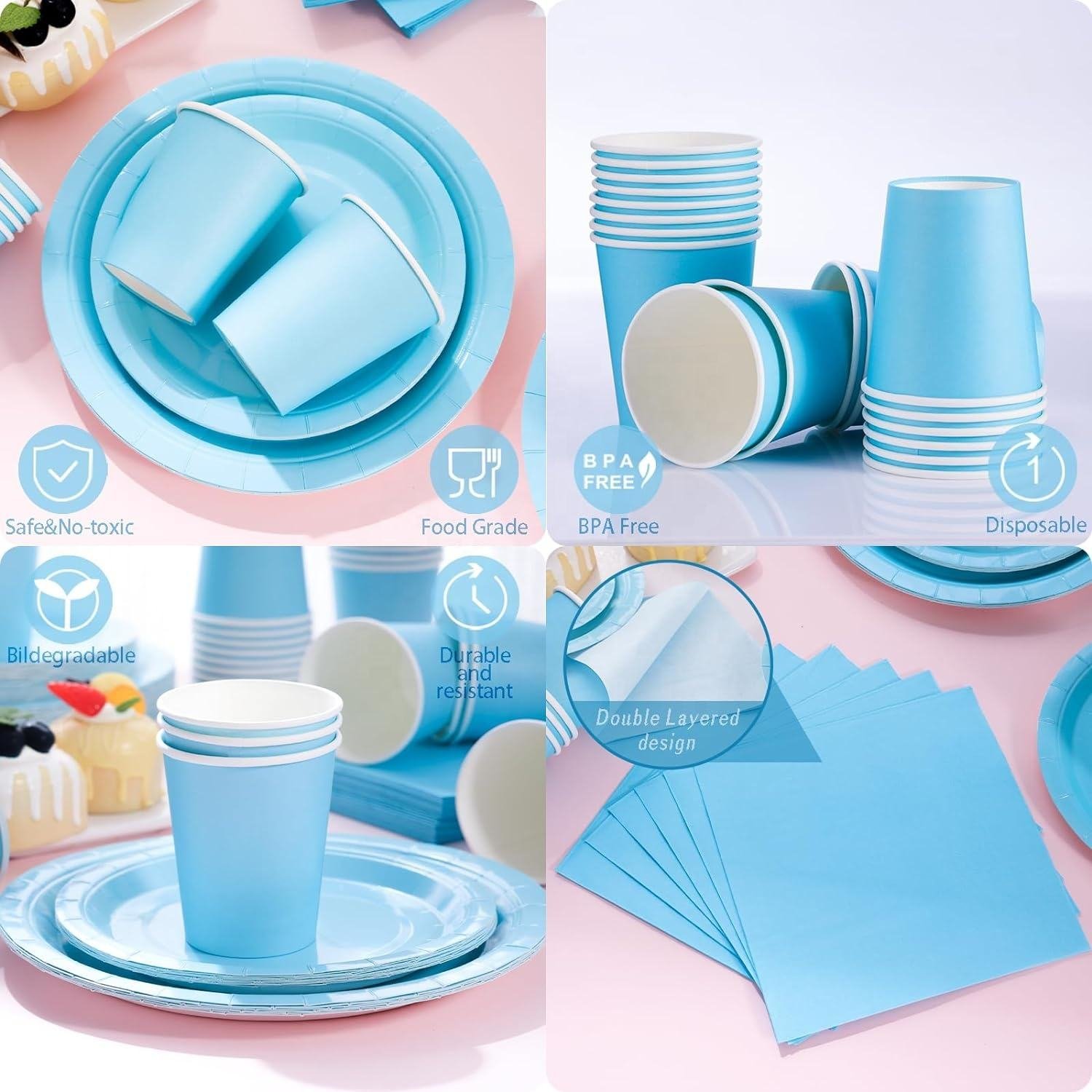 168 PCS Solid Color Theme Party Supplies Blue Paper Plates Paper Cups Paper Napkins Disposable Tableware Set