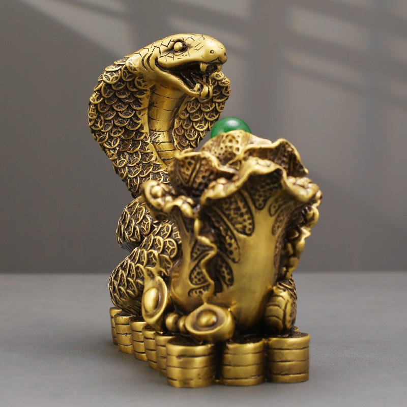 Baicai Snake Spirit Brass Gold-Plated Cast Traditional Feng Shui Carved Art Sculpture Figurine Ornament Antique Home Decor