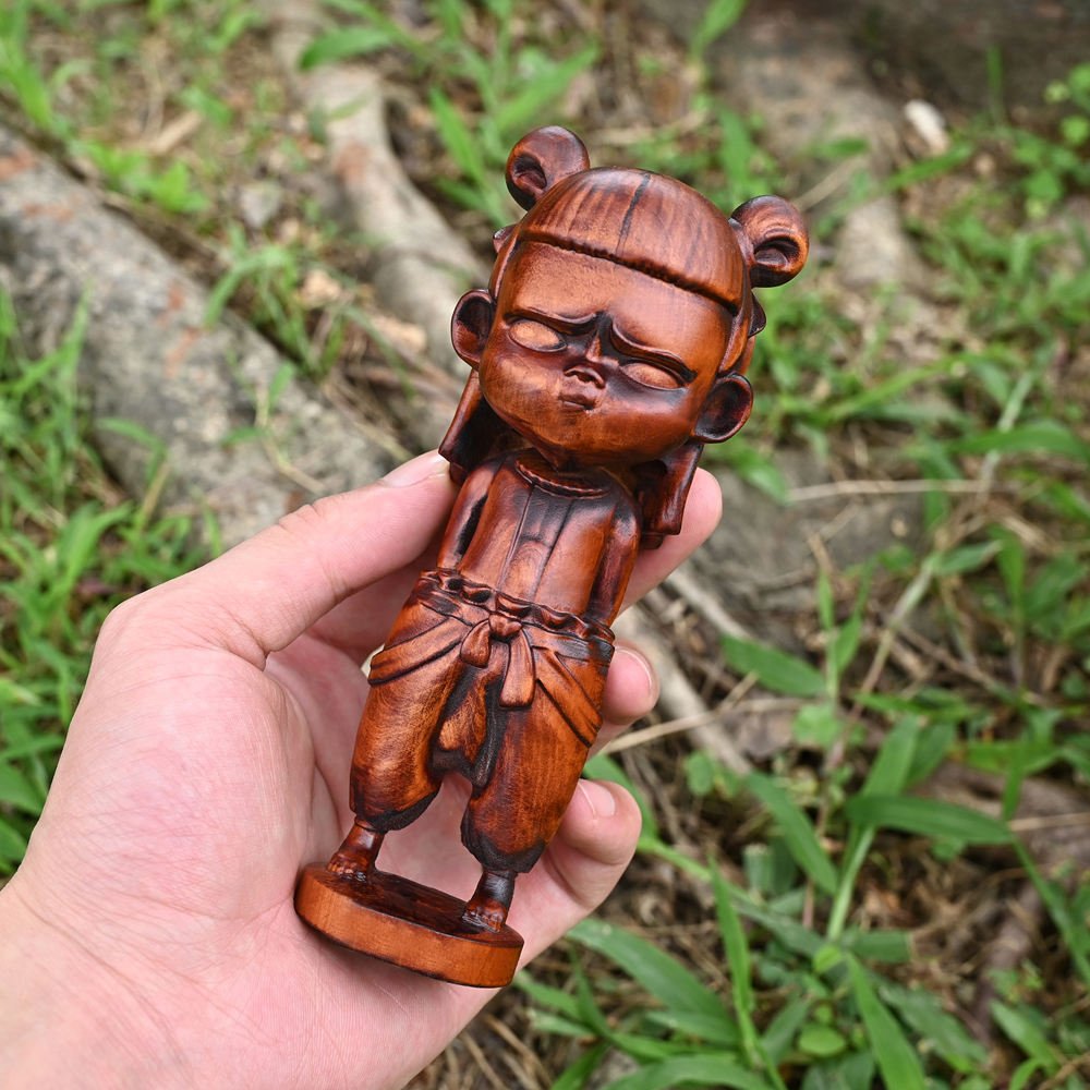 Nezha Wood Sculpture, Oriental Mythology Carved Figure for Art Collectors & Creative Home Décor