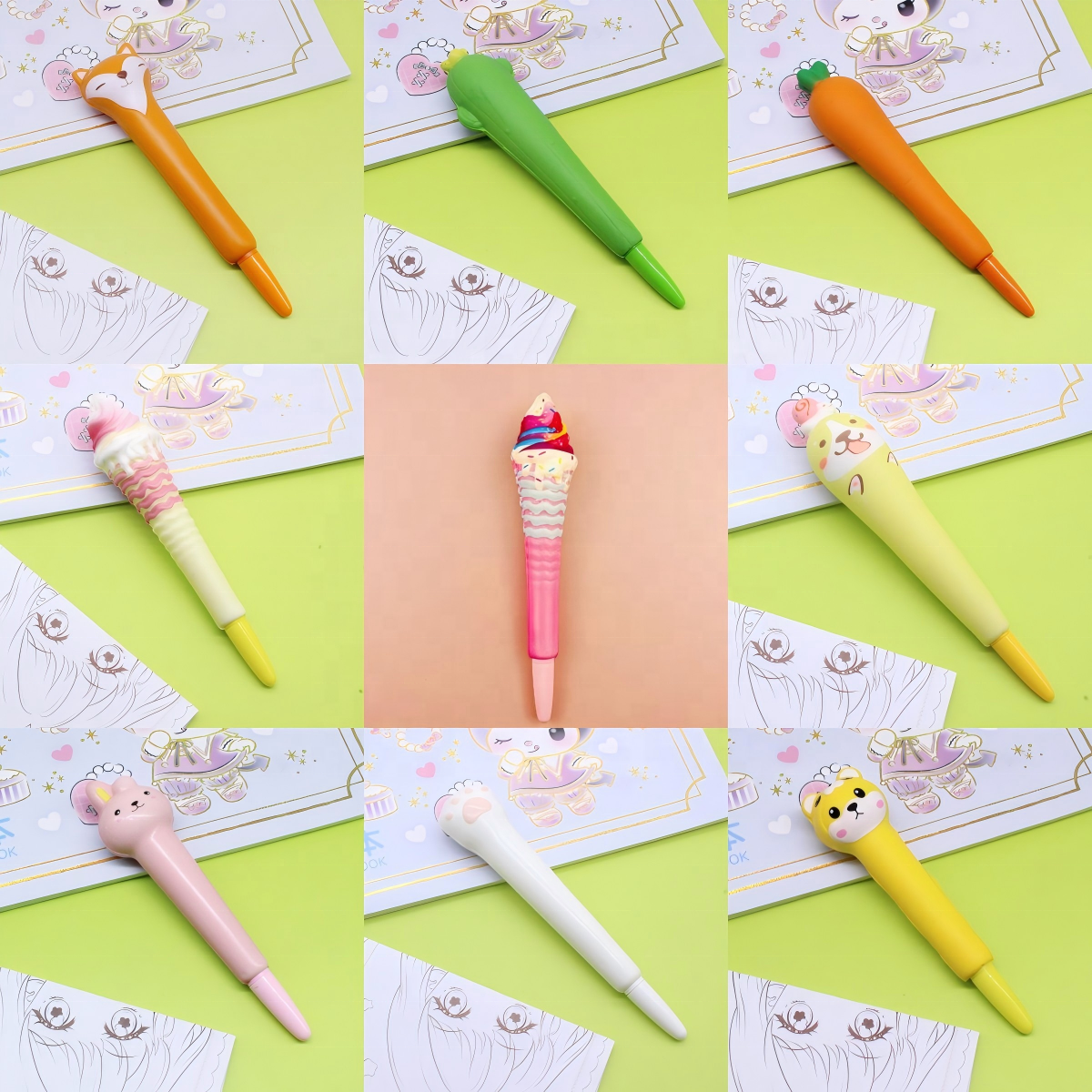 Cute Cartoon Colorful Ice Cream Shaped Ball Point Pen for Kids Squishy Pens with Black Ink Stationery Promotional Toys