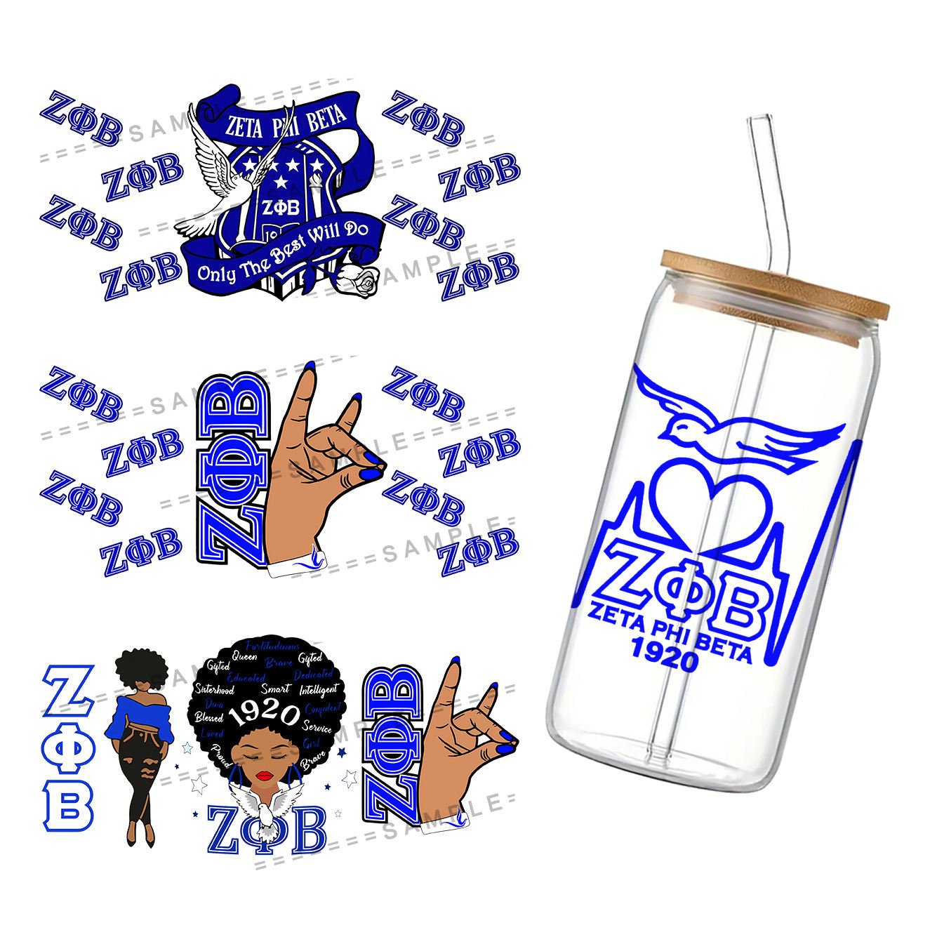 11*24cm Royal Blue Sorority Printed Waterproof UV DTF Sticker Cups 16oz DIY Glass Ceramic Wrap Decorative Ceramic Cup Sticker