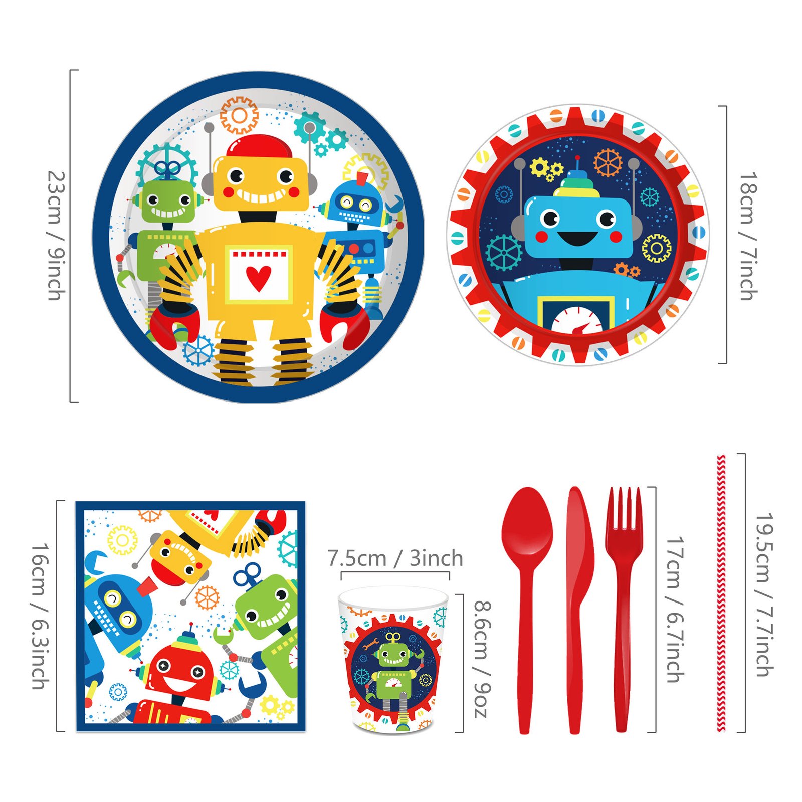 Huancai Cartoon Robots Party Supplies Paper Plates Cups Napkins Disposable Tableware Set for Kids Birthday Party Decorations