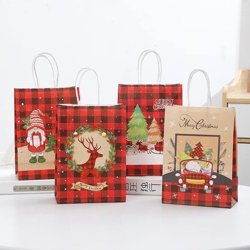 Christmas Gift Bags Set of 4, Holiday Paper Tote W/ Hanging Tag, Red Green Plaid Tree Santa Design, Xmas Party Package (4pcs)