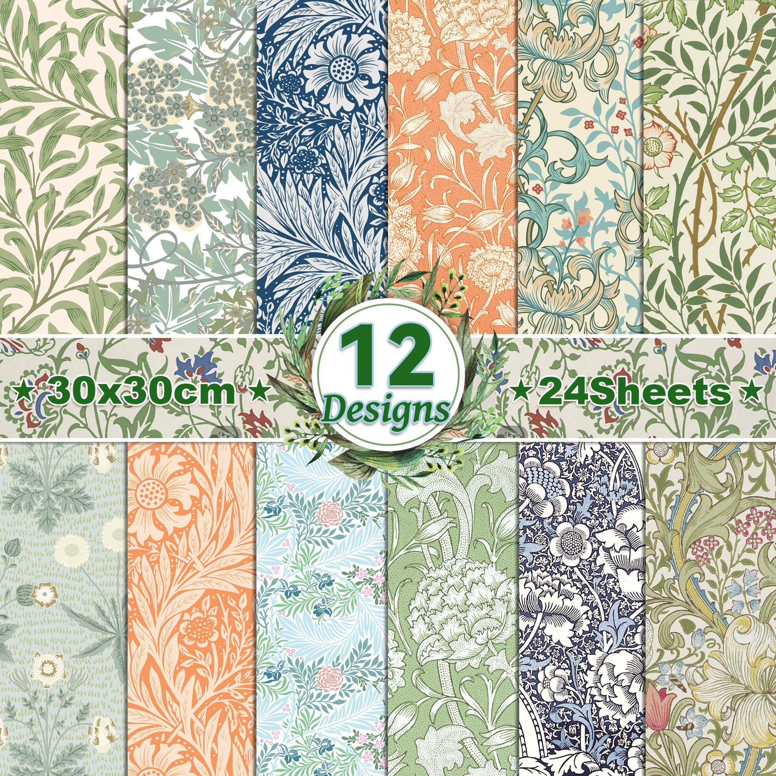 Huancai 24 PCS Vintage Floral Pattern Scrapbook Paper Double-Sided DIY Craft Paper for Gift Wrapping Photo Album Party Supplies