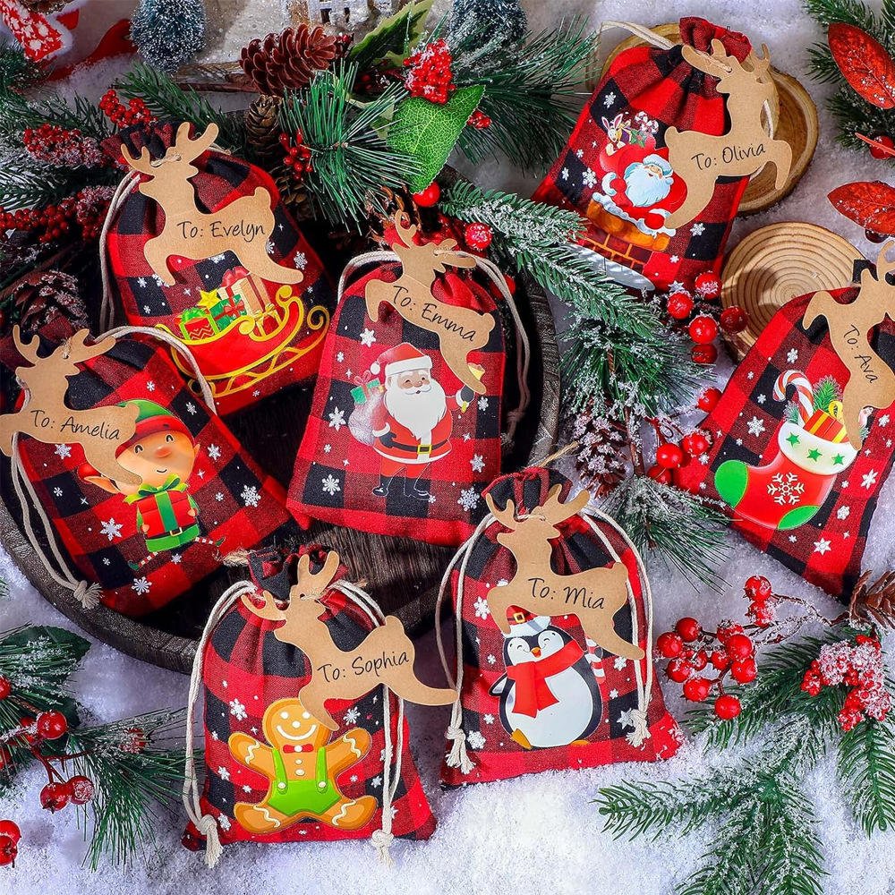 2025 New Christmas Linen Drawstring Bag Set Small Cloth Gift Bag for Candy Wholesale Holiday Supplies