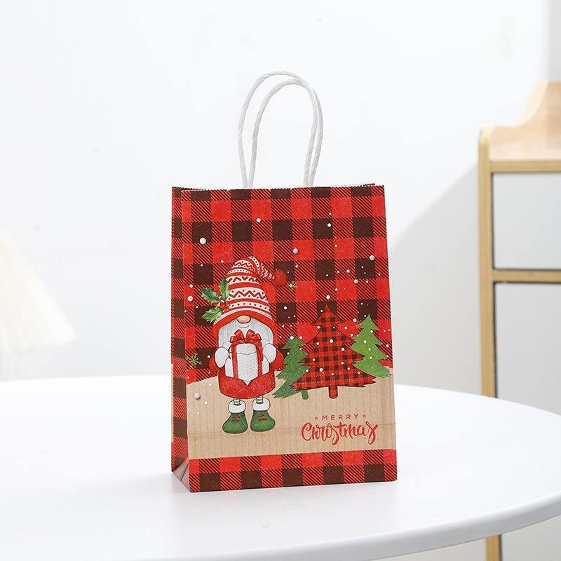 Christmas Gift Bags Set of 4, Holiday Paper Tote W/ Hanging Tag, Red Green Plaid Tree Santa Design, Xmas Party Package (4pcs)