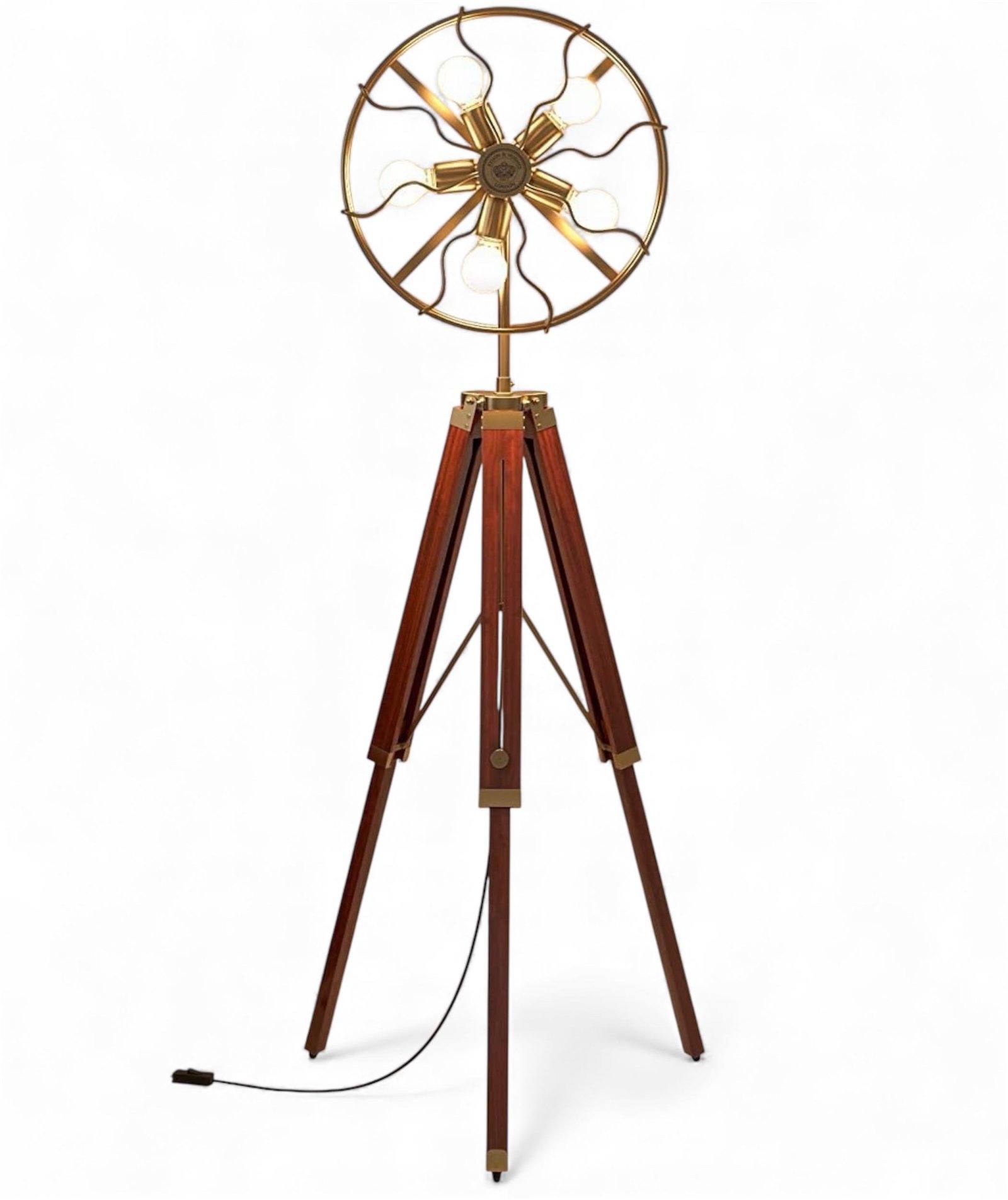 Antique Brass LED Floor Light Vintage Industrial Retro Fan-Style Cage Shade Adjustable Creative Cultural Collectible Artifacts