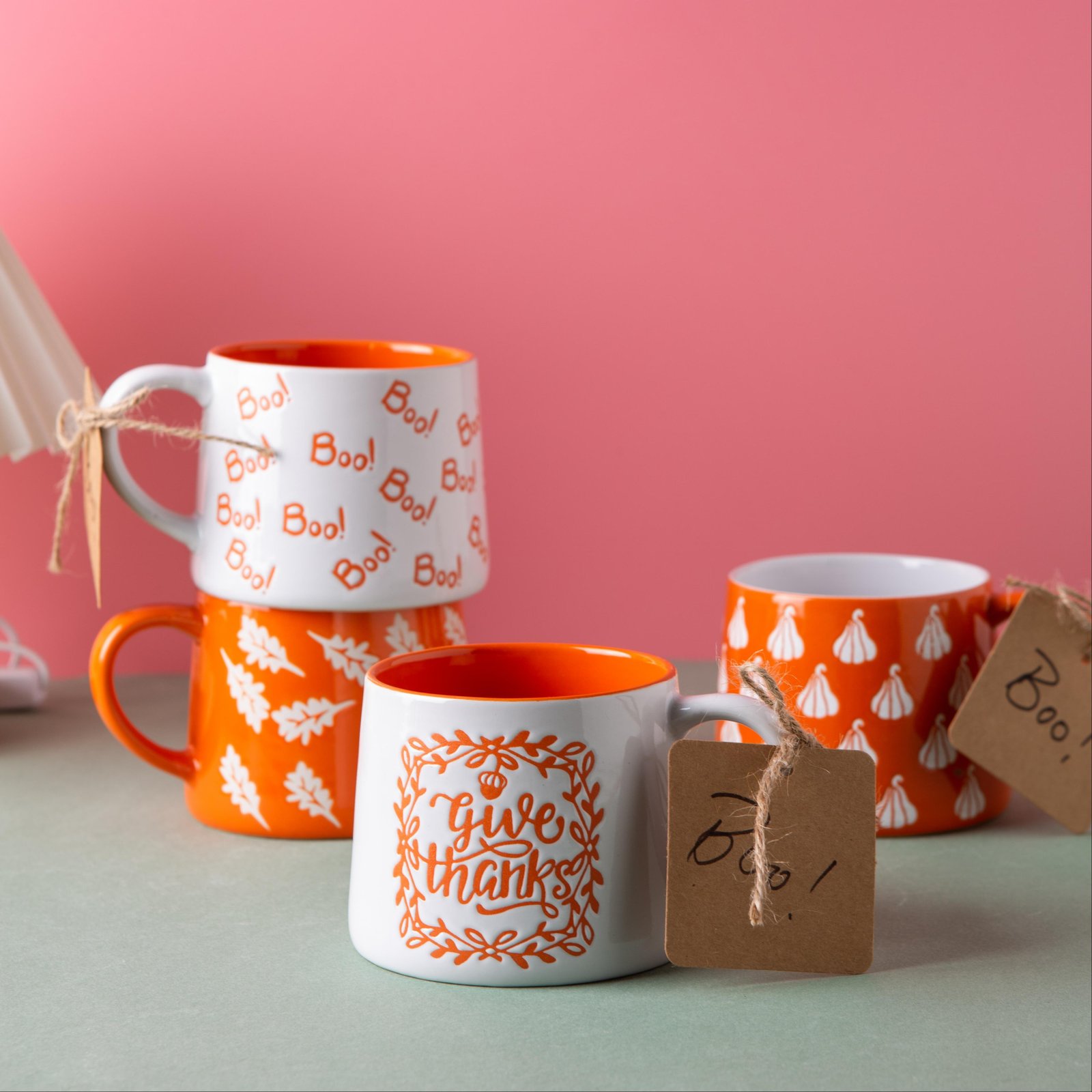 Halloween & Fall 'Boo' & 'Give Thanks' Mug Set - Orange Ceramic Coffee Cups, Festive Autumn Holiday Home Gifts