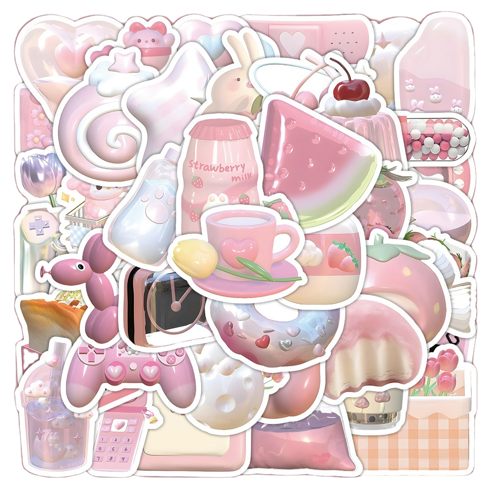 55 PCS Die Cut Vintage Pink Vinyl Waterproof Eco-Friendly Retro Aesthetic Stickers for Holiday Decoration with Cartoon Pattern