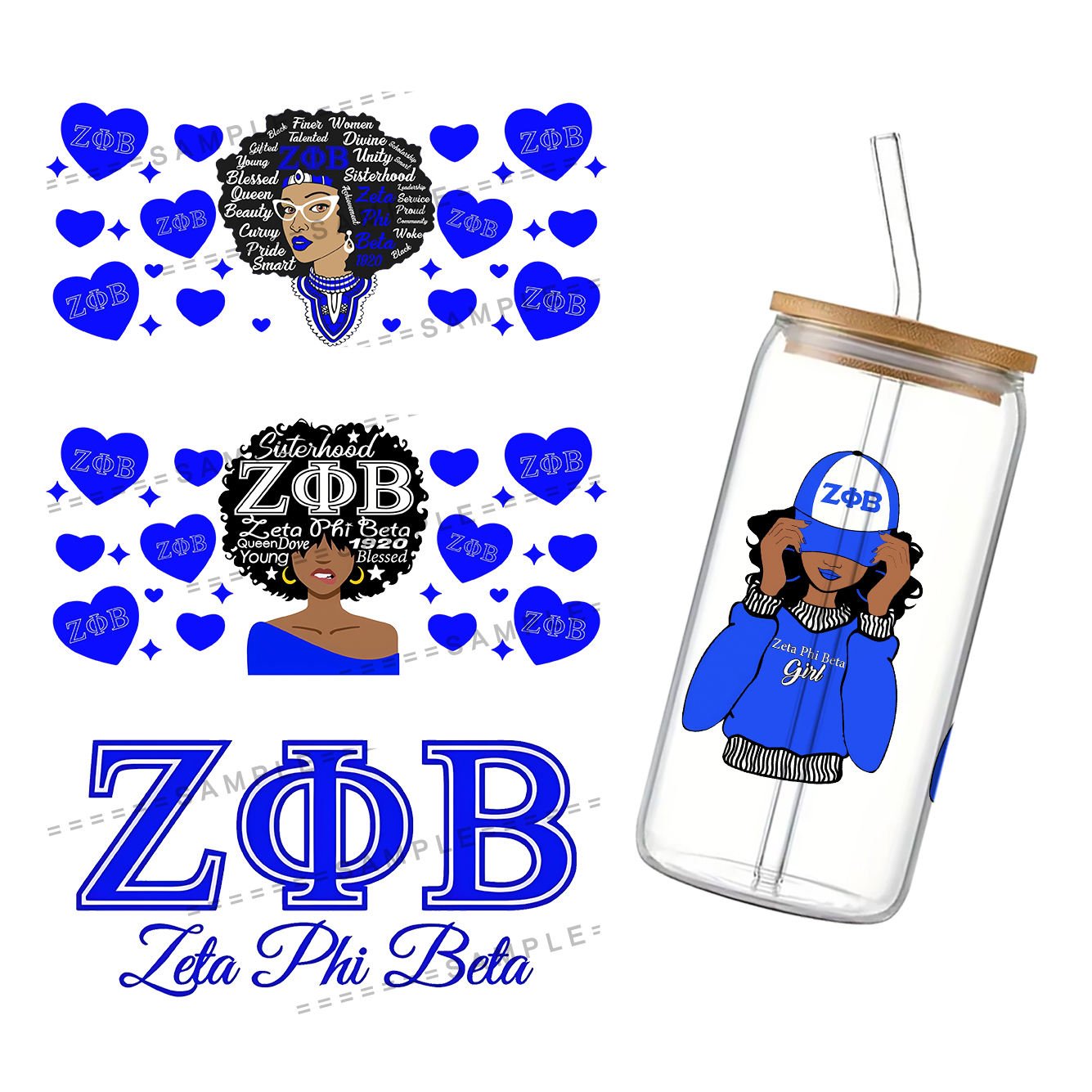 11*24cm Royal Blue Sorority Printed Waterproof UV DTF Sticker Cups 16oz DIY Glass Ceramic Wrap Decorative Ceramic Cup Sticker