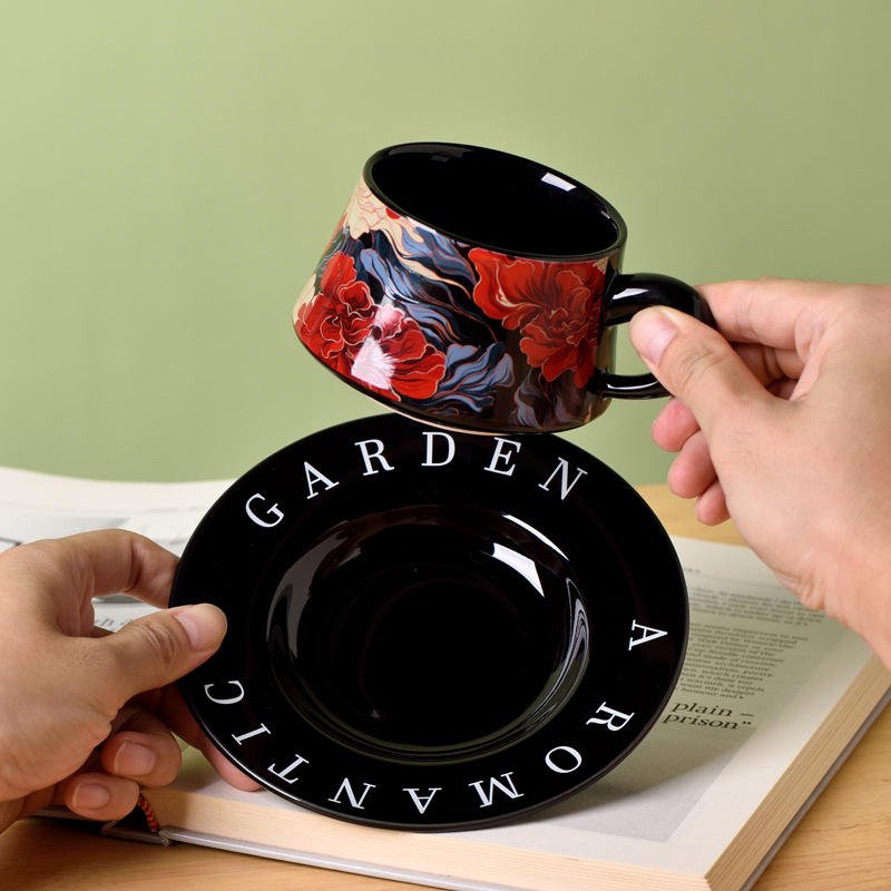 Floral Pattern Ceramic Coffee Cup and Saucer Set With Gift Box for Home Office Tea Party Wedding Birthday Holiday Gift Idea