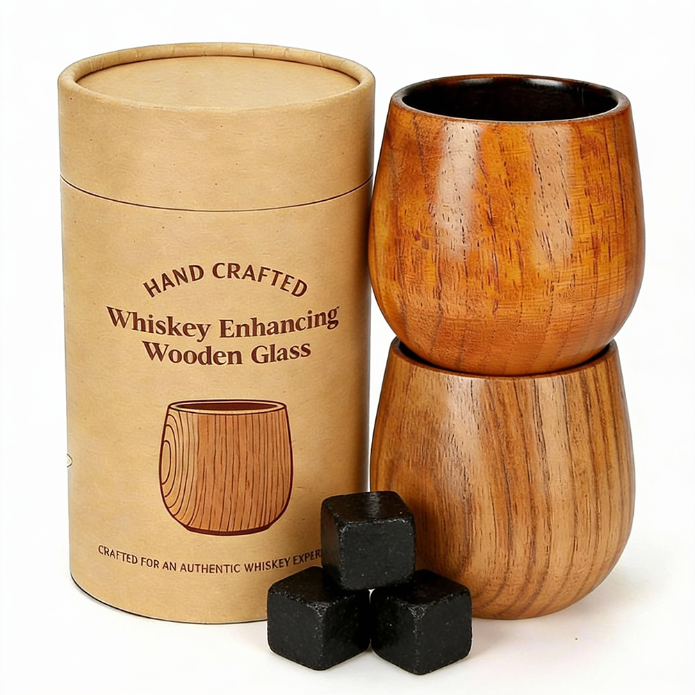 Factory Private Label Hand Crafted Enhances Oak Whiskey Tumbler Wooden Whiskey Cup Charred Wooden Whiskey Glass for Men Gift