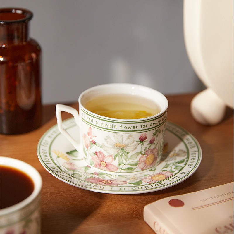 Floral Pattern Ceramic Coffee Cup and Saucer Set With Gift Box for Home Office Tea Party Wedding Birthday Holiday Gift Idea