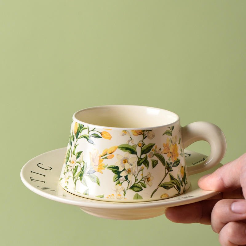 Floral Pattern Ceramic Coffee Cup and Saucer Set With Gift Box for Home Office Tea Party Wedding Birthday Holiday Gift Idea