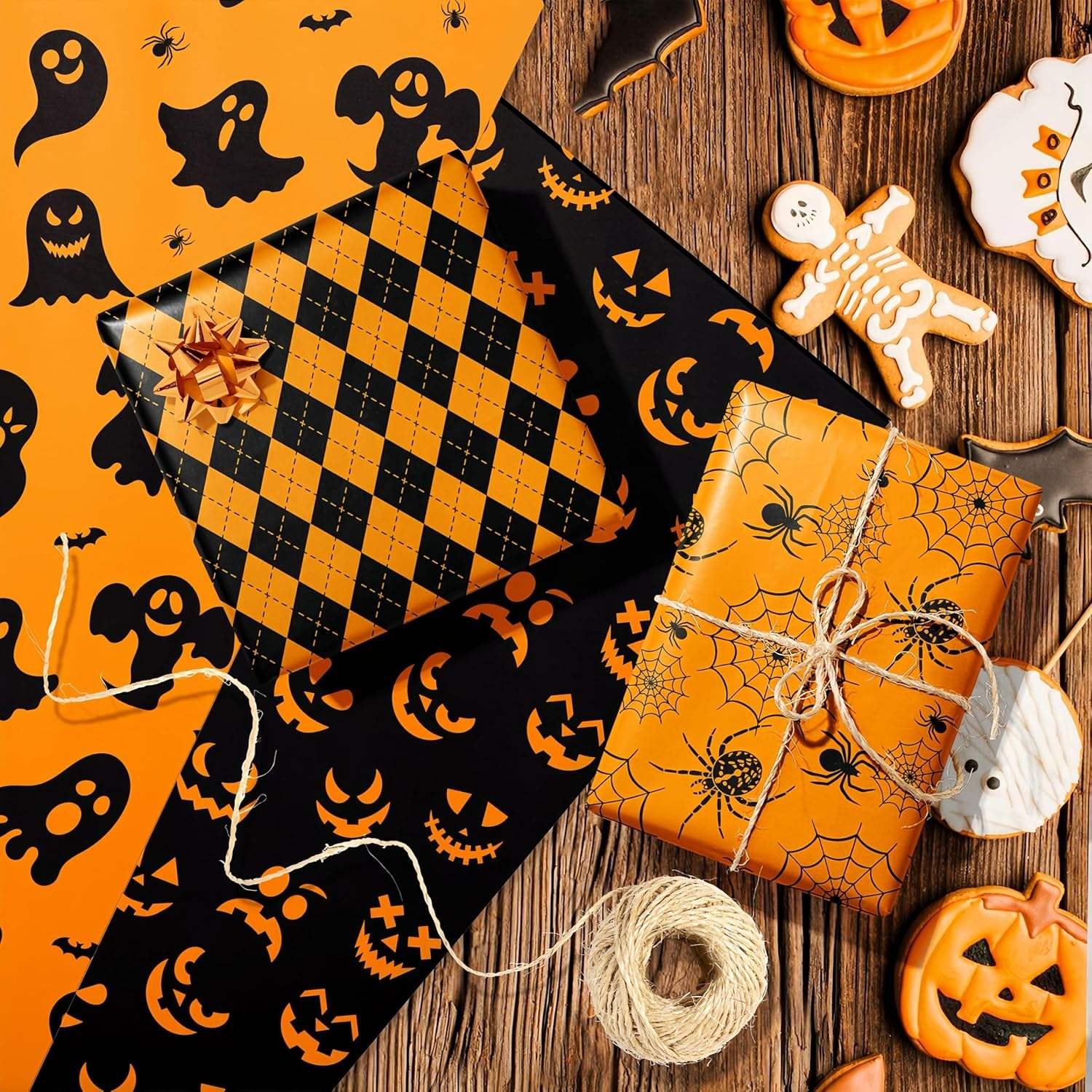 12 Sheets Halloween DIY Crafts Gift Wrapping Paper Pumpkin Spooky Ghost Spider Bat Orange Black Design Gift Wrap Paper for Party