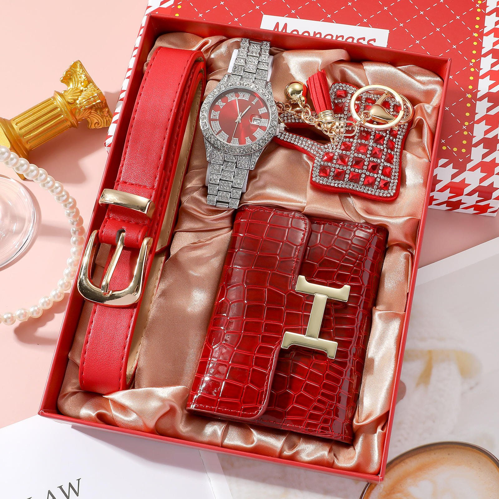 Women's Watch Set Gift Box + Wallet + Keychain + Belt - Holiday Gift