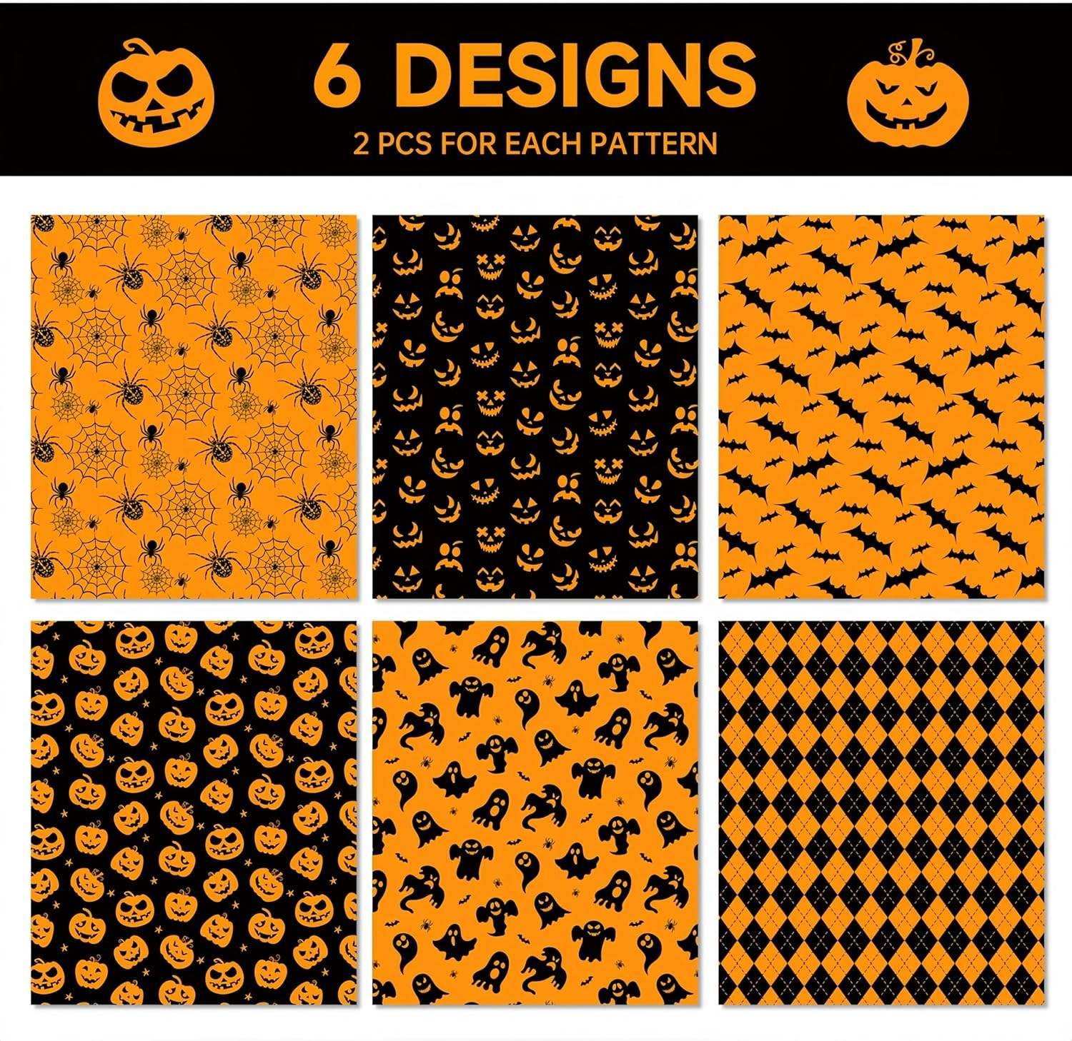 12 Sheets Halloween DIY Crafts Gift Wrapping Paper Pumpkin Spooky Ghost Spider Bat Orange Black Design Gift Wrap Paper for Party