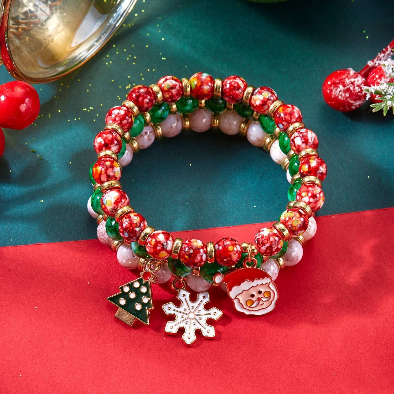 Christmas Beaded Bracelet Set - Versatile for Christmas, Bell Christmas Tree Santa Claus Snowman Bead Combination Bracelet