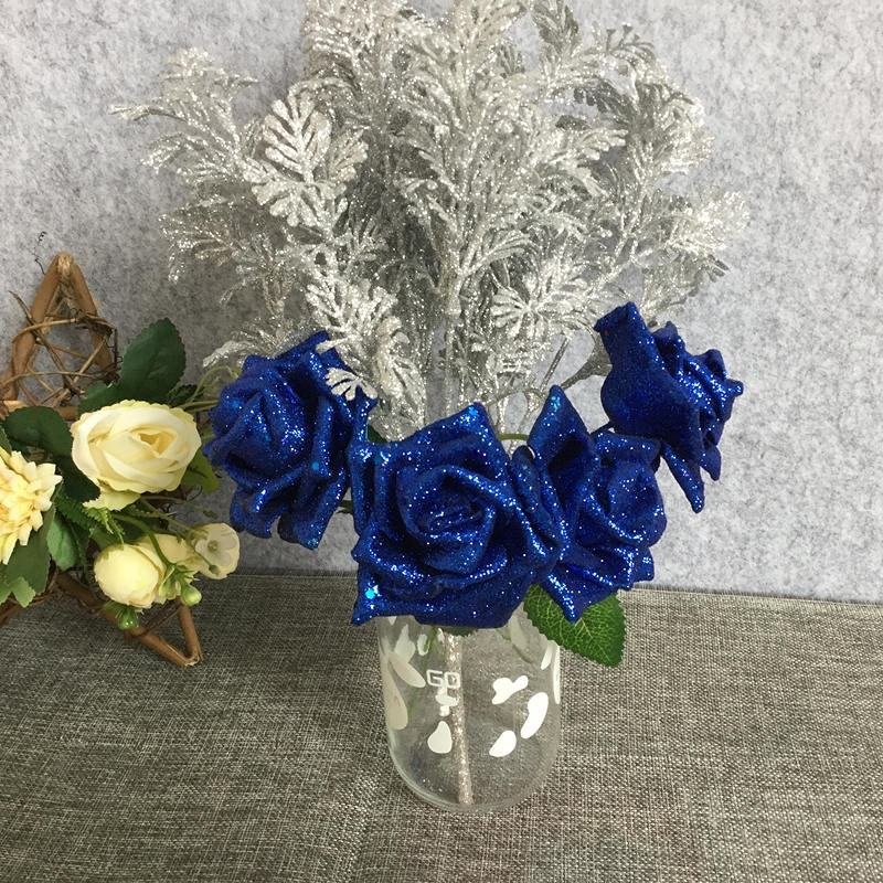 Artificial Glitter Foam Polyfoam Roses Flowers With Wired Stem Wedding Decoration