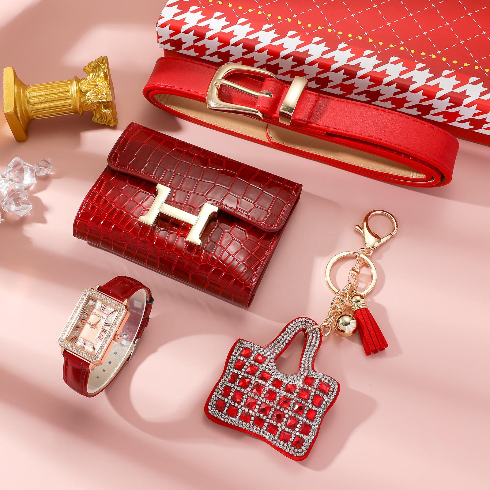 Women's Watch Set Gift Box + Wallet + Keychain + Belt - Holiday Gift