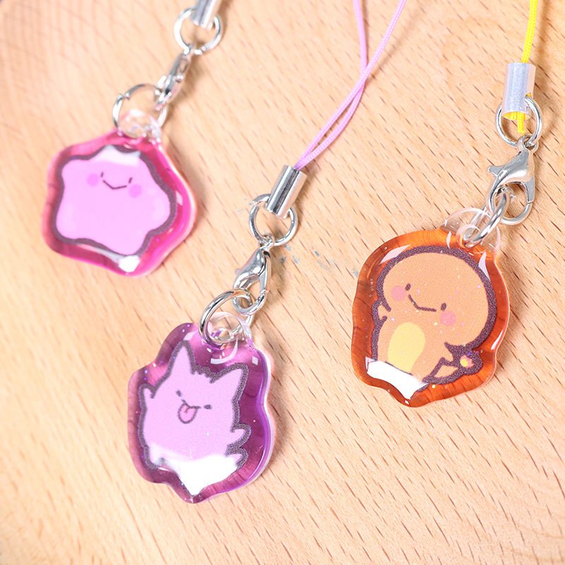 Custom Double-Sided UV Printed Epoxy Acrylic Phone Keychain Anime Style Glitter Powder Plastic Phone Charm Cartoon Metal Pendant