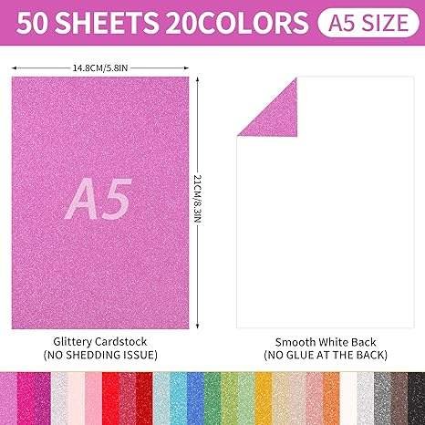 A5 Glitter Cardstock Heavy Weight Colored Sparkle Paper Pad for DIY Projects Card Making Birthday Wedding Paper &Paper Crafts