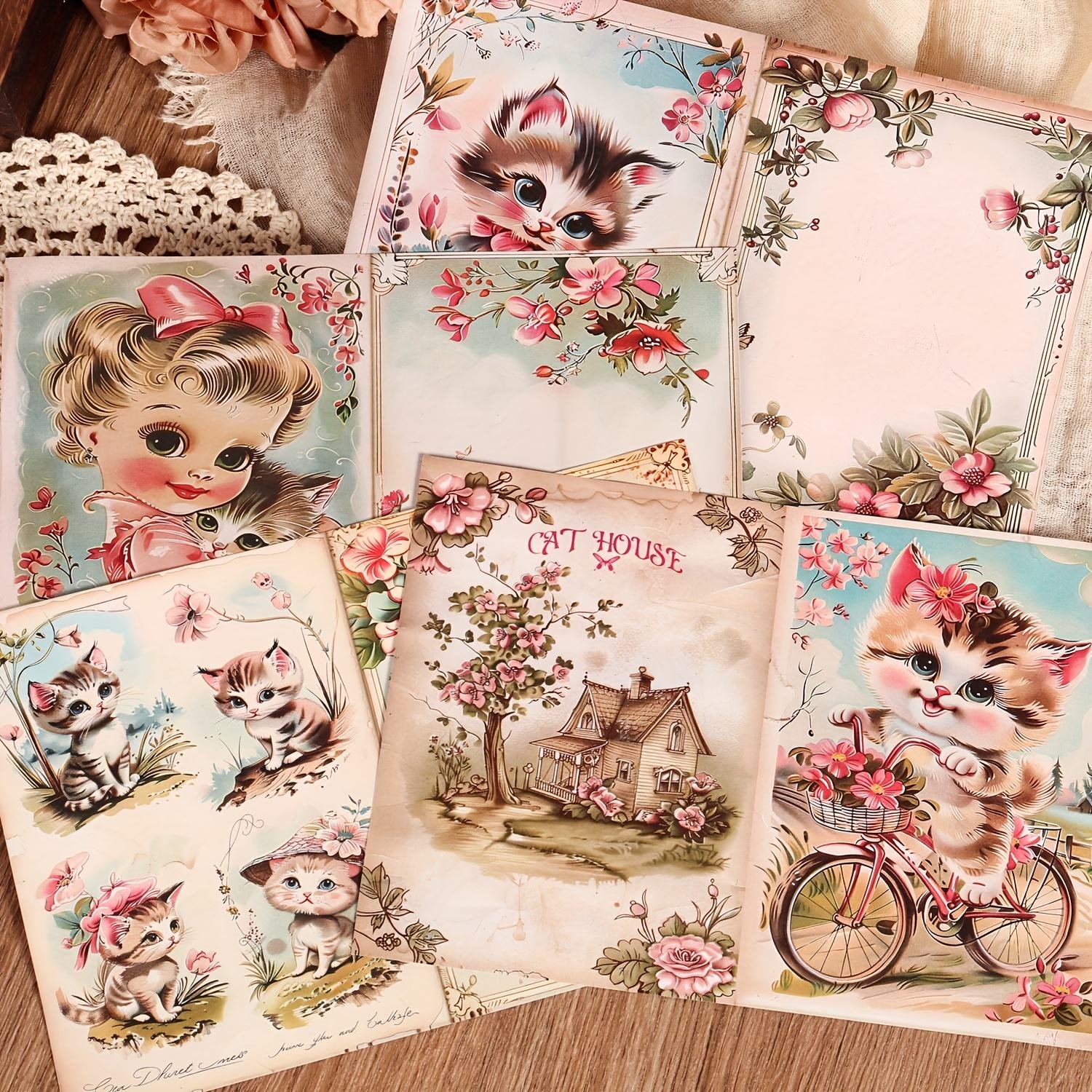 JAI IMAN 12 A5 Papers and 32stickers Strawberry Cat DIY Writable Decor Decoupage Paper Kit for Paper Craft