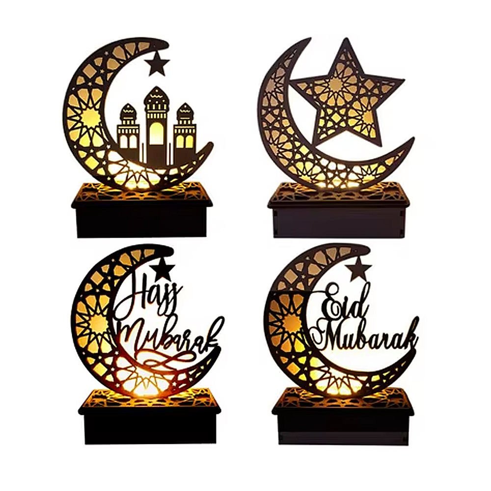 Hot Selling Wooden Ramadan Eid Mubarak LED String Light Craft Moon Star Ornaments for Home Table Decoration for Muslim Islam