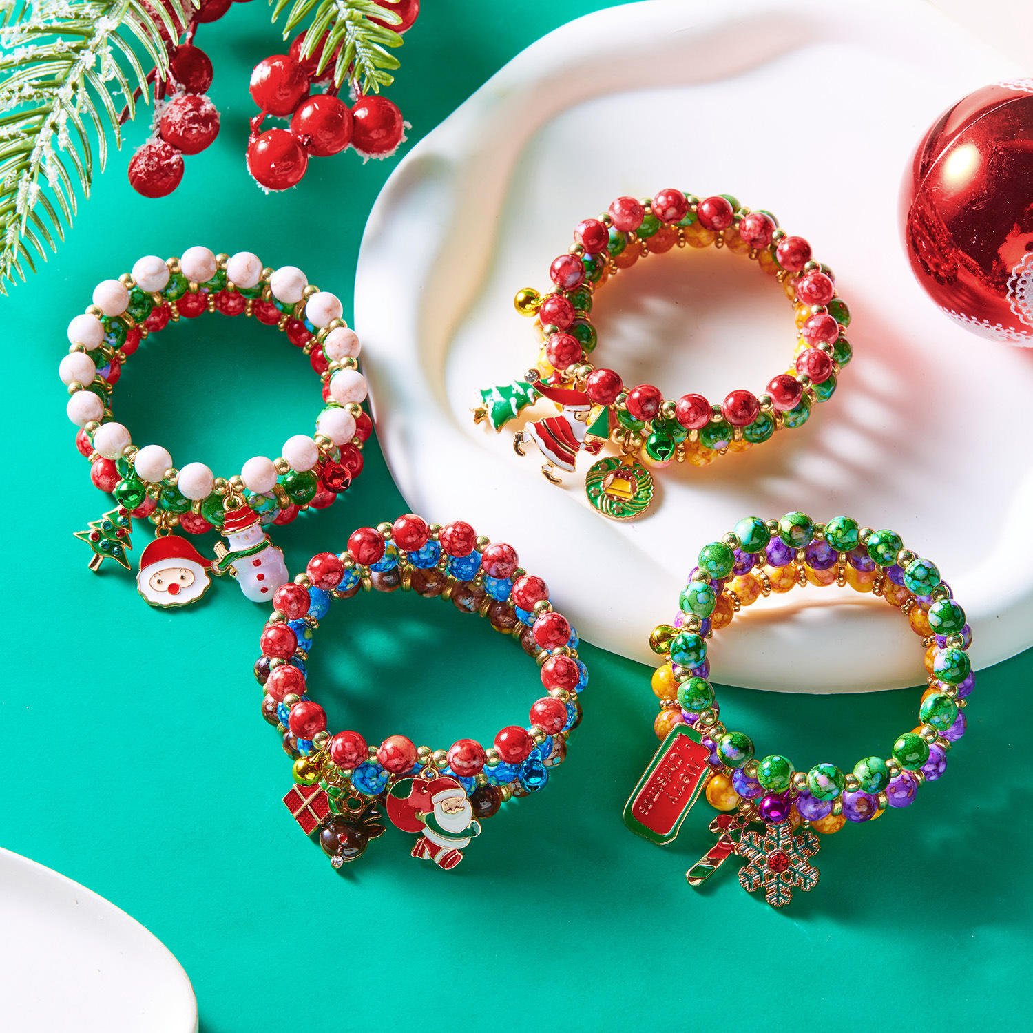 Christmas Beaded Bracelet Set - Versatile for Christmas, Bell Christmas Tree Santa Claus Snowman Bead Combination Bracelet