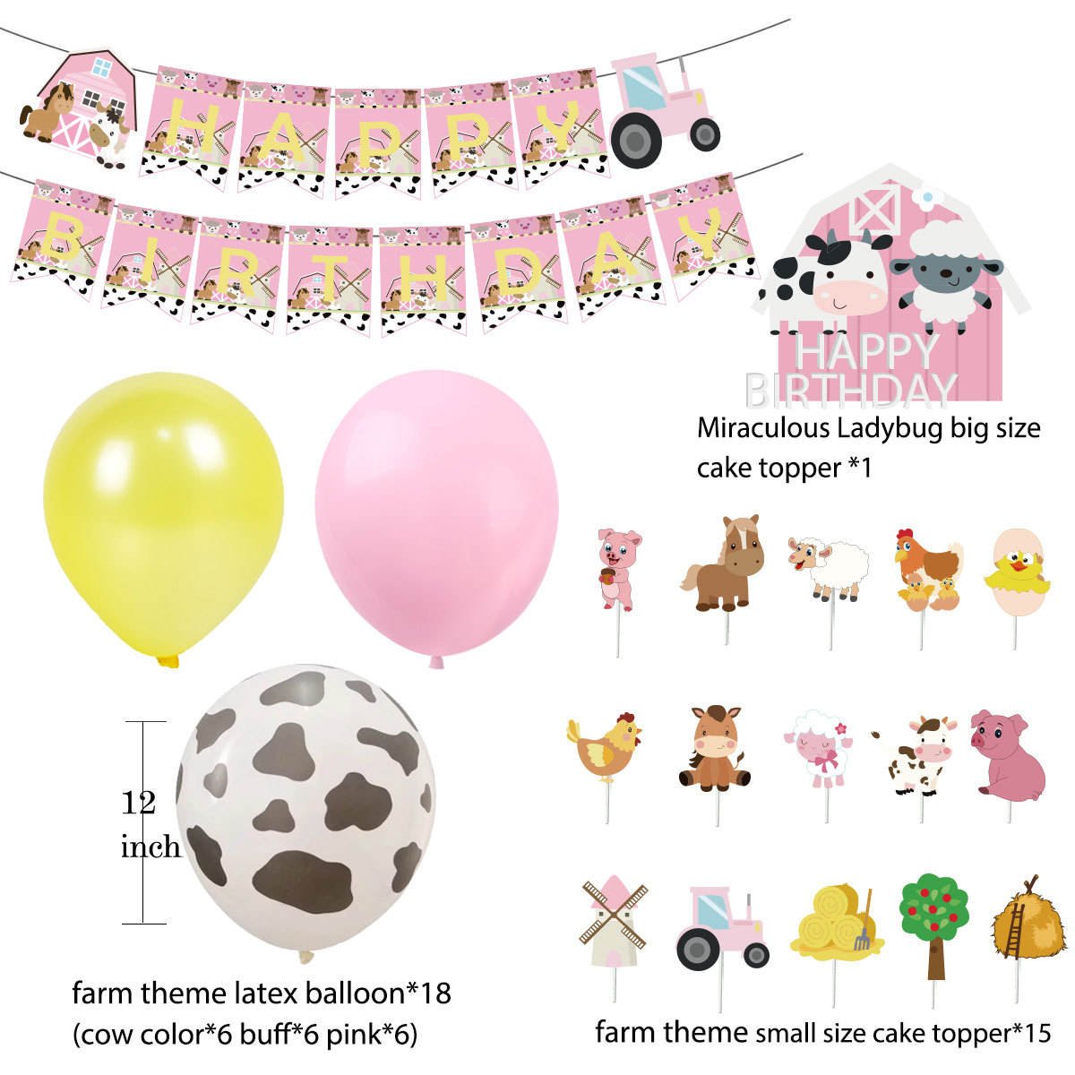 Nice Farm Animals Theme Kids Girls Birthday Party Cows Pull Flag Banner Latex Balloons Decoration Set Party Supplies