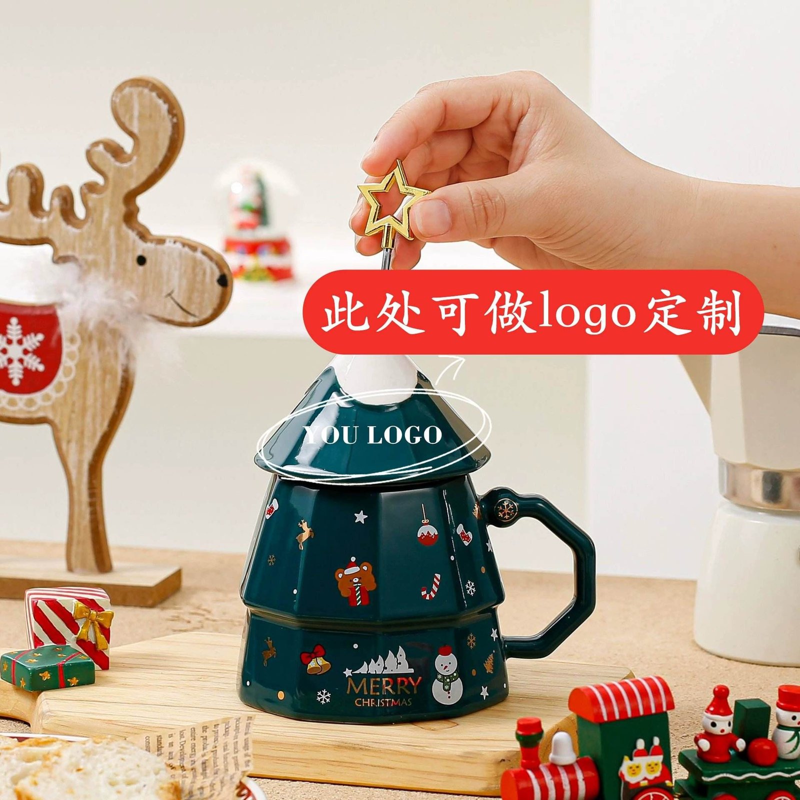 Christmas Ceramic Mug Gift Box Set Santa Claus Holiday Gift Custom Logo 450ml 3 Colors Gift Box Pack