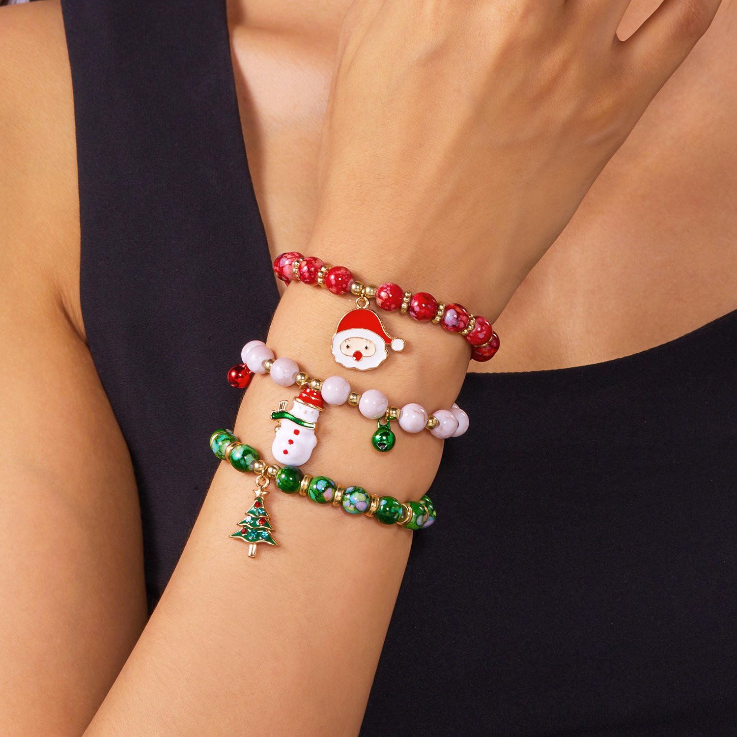 Christmas Beaded Bracelet Set - Versatile for Christmas, Bell Christmas Tree Santa Claus Snowman Bead Combination Bracelet