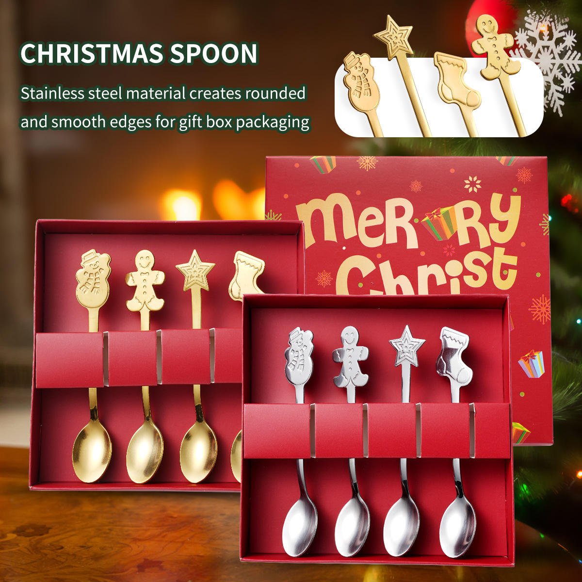 4-Piece Gift Box Christmas Stainless Steel Dessert & Coffee Fork Set Cute Snowman Cartoon Eco-Friendly Tableware