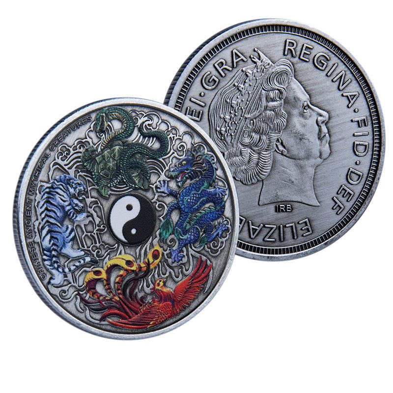Stock Creative Color Printed Four Mythical Beasts Commemorative Coin Metal Crafts Eastern Mystical Culture Souvenir Gift