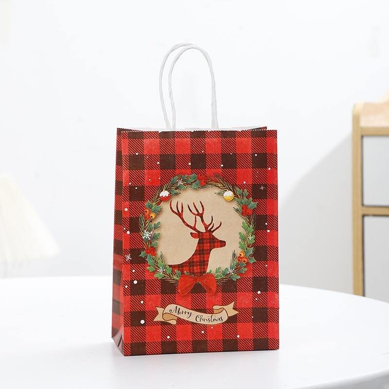 Christmas Gift Bags Set of 4, Holiday Paper Tote W/ Hanging Tag, Red Green Plaid Tree Santa Design, Xmas Party Package (4pcs)