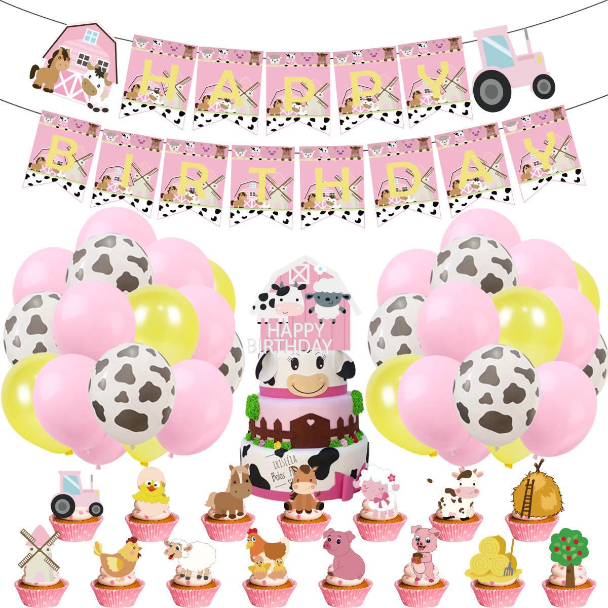 Nice Farm Animals Theme Kids Girls Birthday Party Cows Pull Flag Banner Latex Balloons Decoration Set Party Supplies