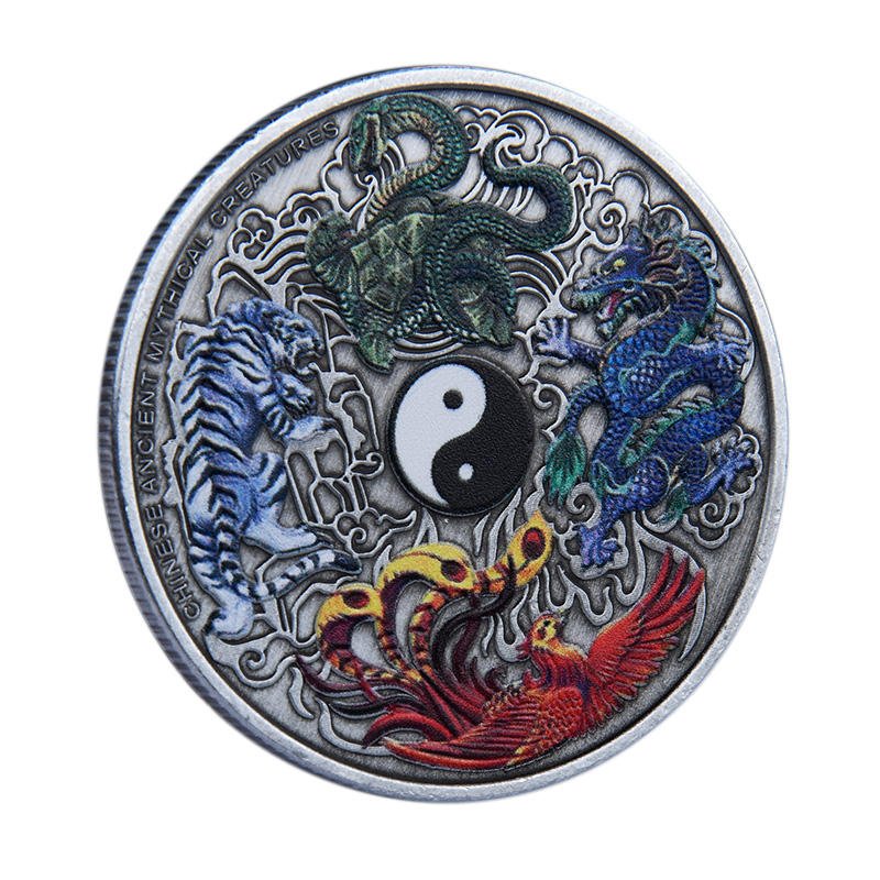Stock Creative Color Printed Four Mythical Beasts Commemorative Coin Metal Crafts Eastern Mystical Culture Souvenir Gift