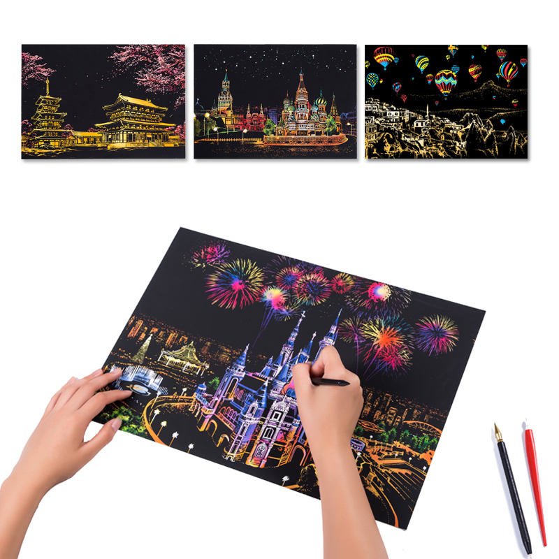 YUELU Scratch Painting Rainbow Paper Sketch DIY Art Craft City Series Scratch Drawing Paper Creative Gift With Bamboo Stick
