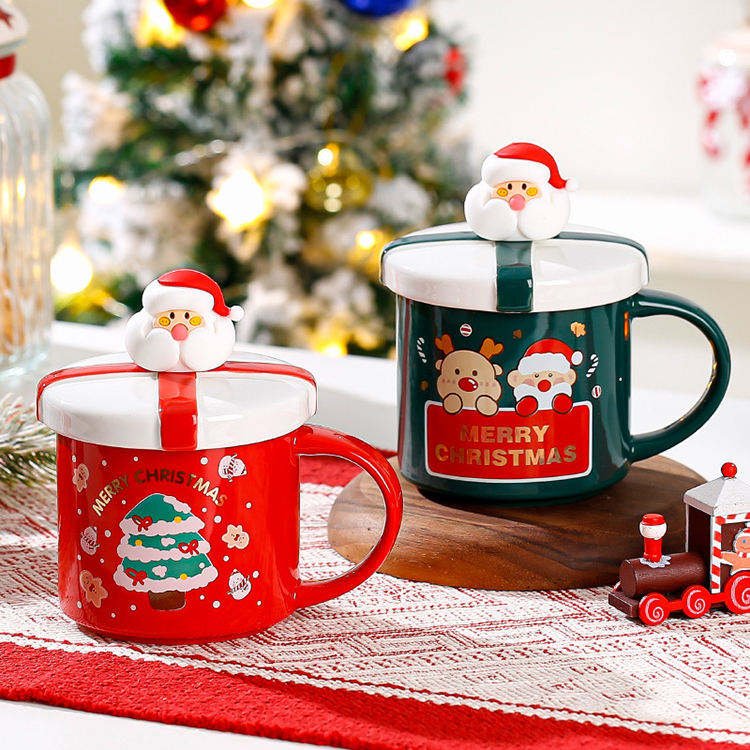 New Creativity Cute Christmas Santa Ceramic Cup Mug with Lid Spoon Cup Set for Christmas Gift