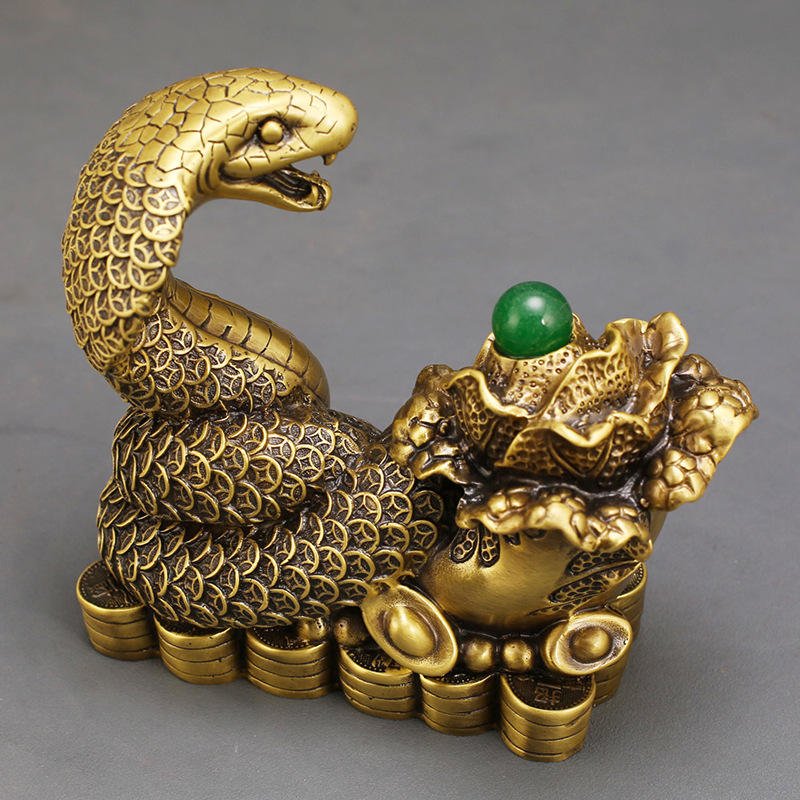 Baicai Snake Spirit Brass Gold-Plated Cast Traditional Feng Shui Carved Art Sculpture Figurine Ornament Antique Home Decor