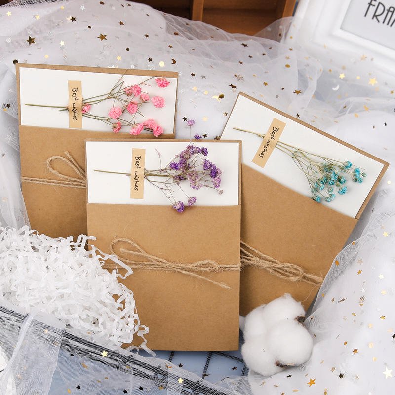 Handmade DIY Creative Literary Birthday and Valentines Greeting Card Dried Flower Design Recordable Paper for Party Gift