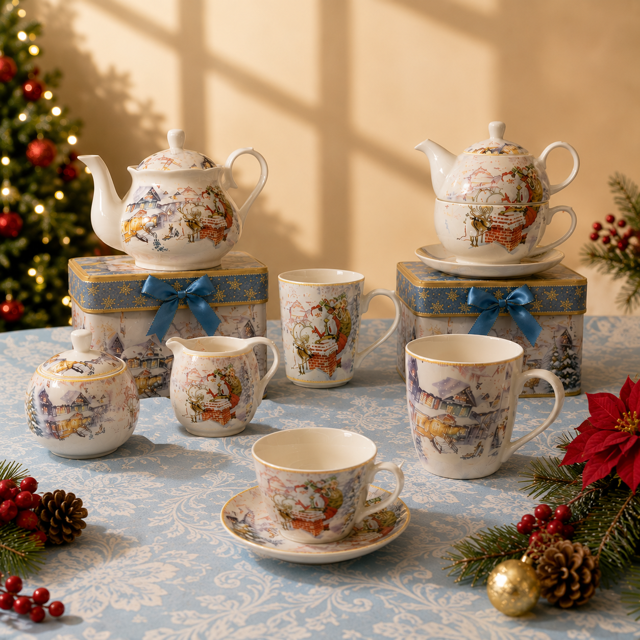 Christmas Design Two Ceramic Coffee Mug Sets with Gift Box Christmas Santa Cup with Handle for Christmas Gifts