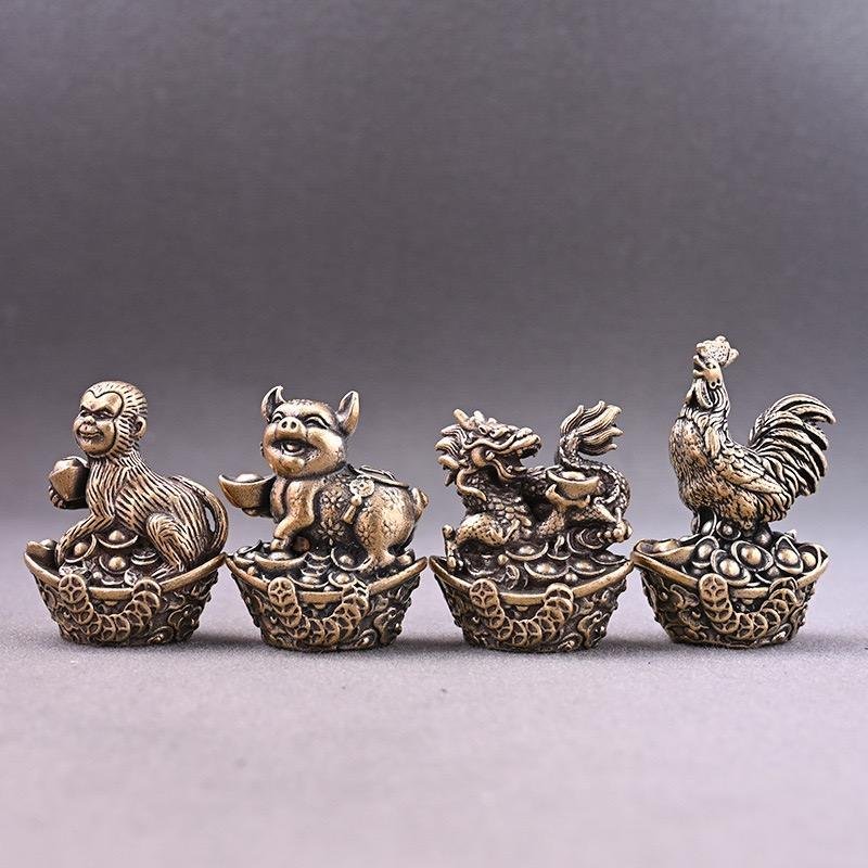 1pc Retro Copper Yuanbao Twelve Zodiac Incense Holder Indoor Incense Stand Creative Yellow Copper Dragon tiger Metal Handicraft
