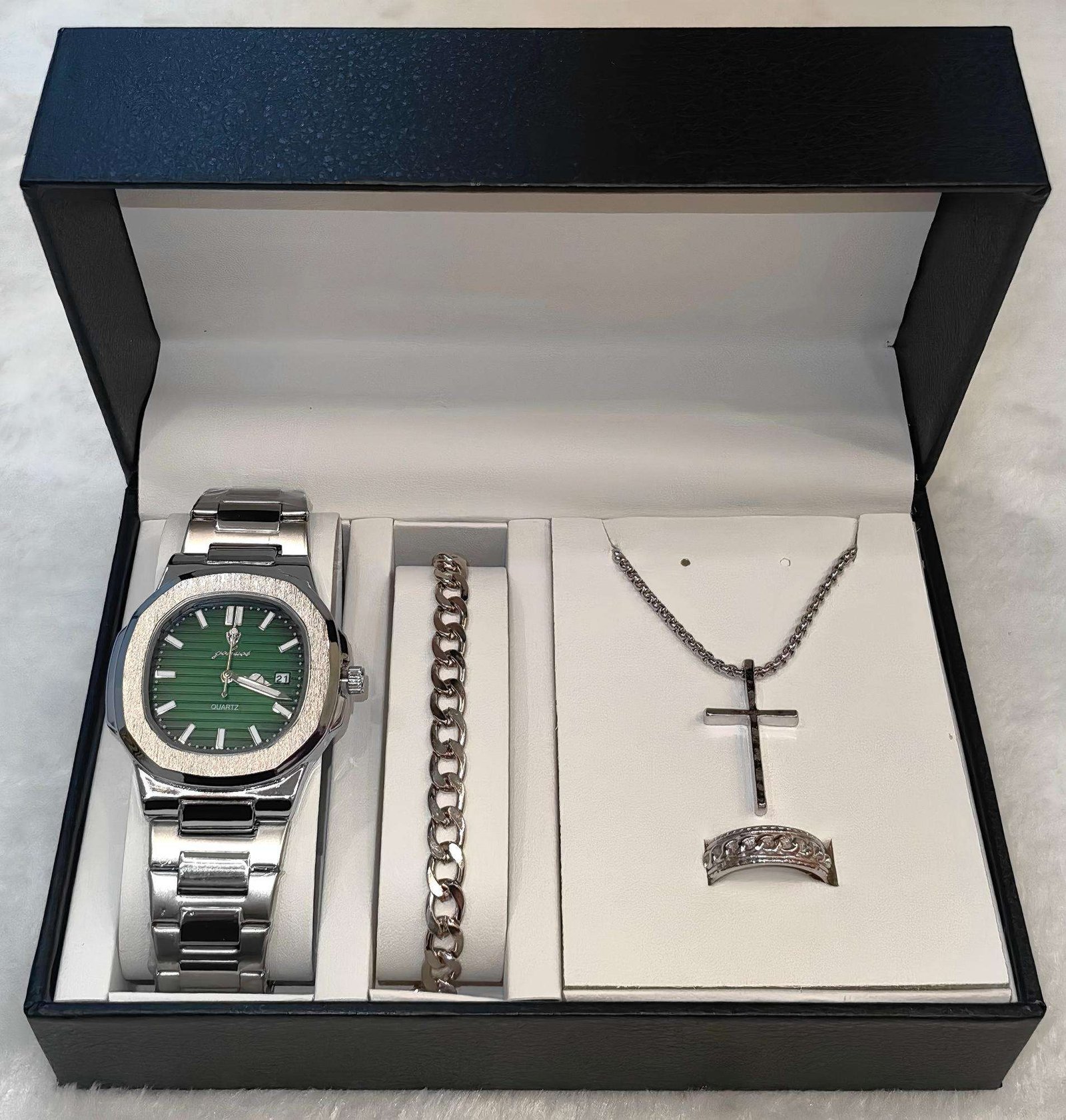 Gohuos 8803 Gift Set with Exquisite Box 4PCS Men Quartz Watch & Ring & Bracelet & Necklace Business Luxury Holiday Gifts for Men